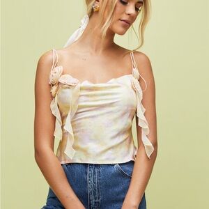 For Love & Lemons Floral Chiffon Camisole Top Rosette Strap Tank